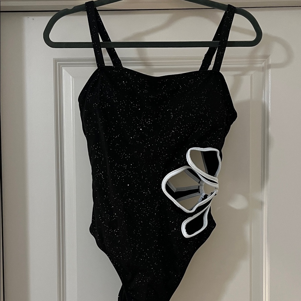SHEIN Black Sparkle Cut-Out One Piece Swimsuit